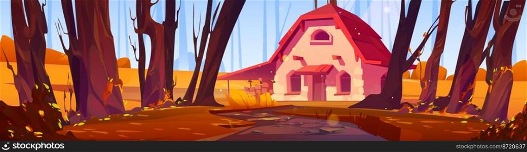 Cottage in autumn forest, stone house with wooden roof on bright orange colored field among trees with dirt road going to porch. Cozy fairy home or witch hut, game background, Vector illustration. Cottage in autumn forest, stone house, fairy home