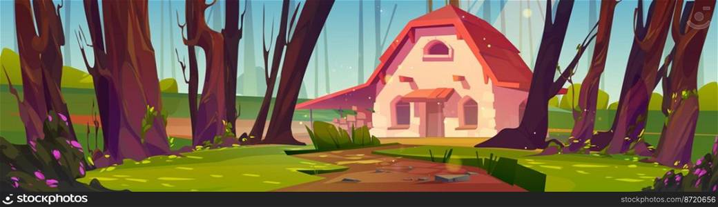 Cottage in forest, stone house with wooden roof on green field among coniferous trees and dirt road. Cozy fairy home or witch hut in sunny summer wood cartoon game background, Vector illustration. Cottage in forest, stone house with wooden roof