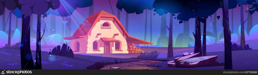 Cottage in night forest, stone house with wooden roof on dark field with coniferous trees. Cozy home at moonlight in mysterious wood. Game scene 2d background with dwelling Cartoon vector illustration. Cottage in night forest, stone house 2d background