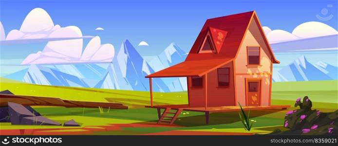 Cottage on green field at mountain valley landscape. Wooden house on stilts on summer meadow under blue sky with clouds at sunny day. Home with terrace on piles cartoon background, vector illustration. Cottage on field at mountain valley landscape