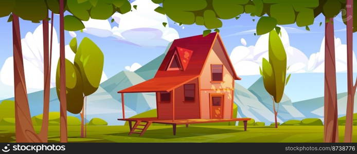 Cottage on green field at mountain valley landscape. Wooden house on stilts on summer meadow with trees under blue sky with clouds at sunny day. Home with terrace on piles, cartoon vector illustration. Cottage on field at mountain valley landscape