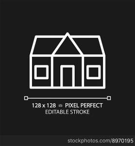 Cottage pixel perfect white linear icon for dark theme. Countryside home for recreation. Real estate. Rural house purchase. Thin line illustration. Isolated symbol for night mode. Editable stroke. Cottage pixel perfect white linear icon for dark theme
