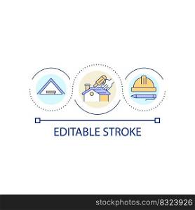 Cottage roof installation loop concept icon. Building maintenance service. Construction site abstract idea thin line illustration. Isolated outline drawing. Editable stroke. Arial font used. Cottage roof installation loop concept icon