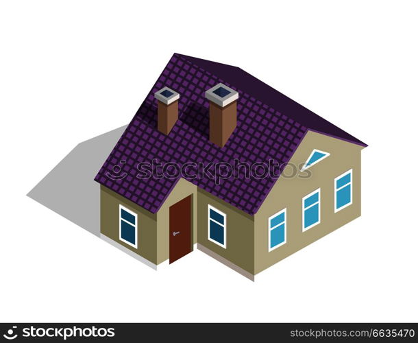 Cottage two-storey house with purple roof, entrance door on left side and two chimneys vector illustration icon isolated on white. Cottage Two-Storey House with Roof, Entrance Door