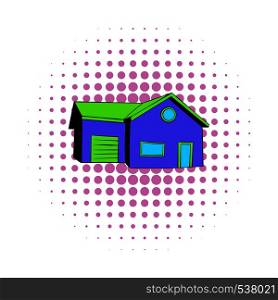 Cottage with a garage icon in comics style on a white background. Cottage with a garage icon, comics style