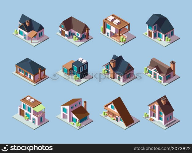 Cottages isometric. Luxury houses small villages residential towns facades garish vector buildings. Illustration front facade contemporary outdoor. Cottages isometric. Luxury houses small villages residential towns facades garish vector buildings