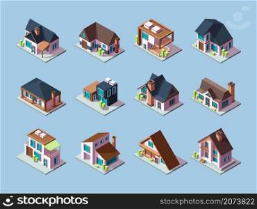 Cottages isometric. Luxury houses small villages residential towns facades garish vector buildings. Illustration front facade contemporary outdoor. Cottages isometric. Luxury houses small villages residential towns facades garish vector buildings