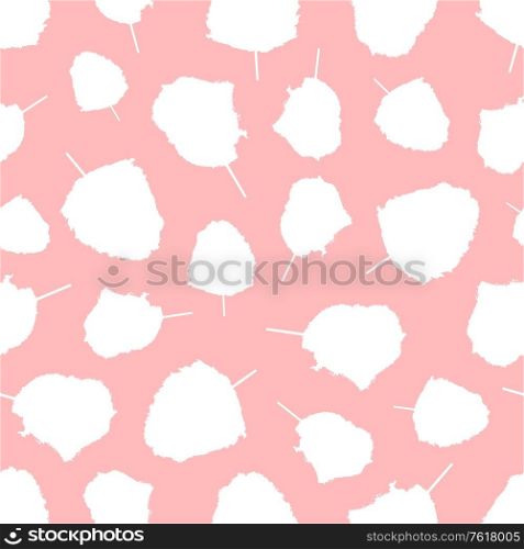 Cotton candies on stick seamless pattern, fluffy sugar cloud desserts on pink. Vector vanilla candyfoss, sweet snack food background or wallpaper design. Cotton Candy on Stick Cloud Sugar Seamless Pattern