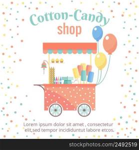 Cotton candy and ice cream street shopping cart. Sweet food, store and dessert, market kiosk, vector illustration. Cotton candy and ice cream street shopping cart