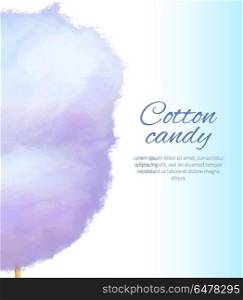Cotton Candy Banner with Sweet Floss Spun Sugar. Closeup realistic purple cotton sweet candy on stick vector colorful illustration isolated on white with place for text. Banner with fairy candies floss