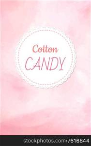 Cotton candy logo, fluffy candyfloss of pink color. Vector raspberry, cherry or strawberry taste confectionery made of sugar, candy background, summer trip for kids. Cotton Candy Logo, Fluffy Candyfloss of Pink Color