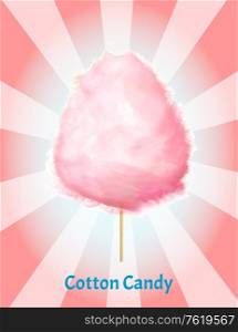 Cotton candy on stick, fluffy sugar cloud dessert isolated on pink. Vector strawberry, raspberry or cherry candyfoss, sweet snack food logo or emblem. Cotton Candy on Stick, Fluffy Sugar Cloud Dessert