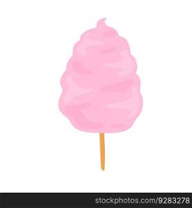 Cotton candy on stick. Sweet dessert from the fair and children party. Pink candyfloss. Flat cartoon. Cotton candy on stick. Sweet dessert