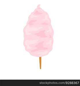Cotton candy on stick. Sweet dessert from the fair and children party. Pink candyfloss. Flat cartoon