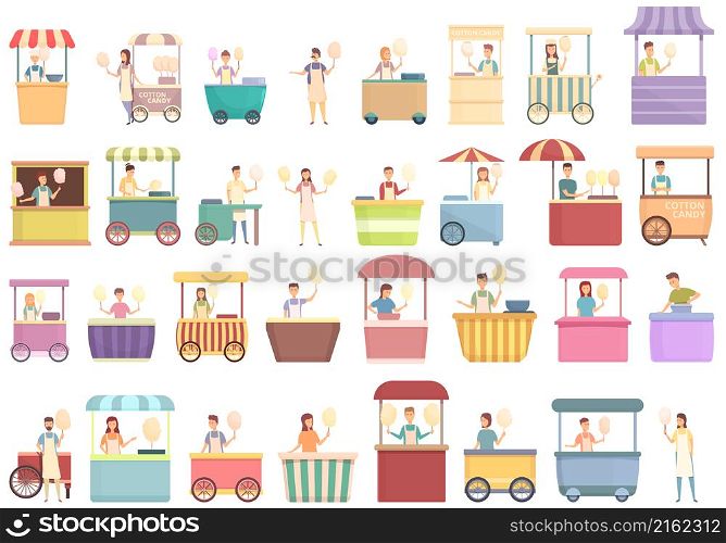 Cotton candy seller icons set cartoon vector. Food carnival. Fast kiosk. Cotton candy seller icons set cartoon vector. Food carnival