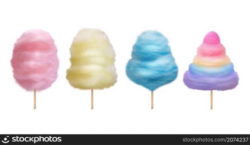 Cotton candy. Sugaring delicious food for kids sweet dessert products decent vector realistic cotton templates isolated. Sweet food and candy dessert, sugar confectionery illustration. Cotton candy. Sugaring delicious food for kids sweet dessert products decent vector realistic cotton templates isolated