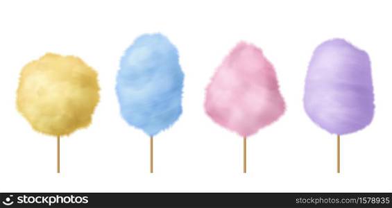 Cotton candy. Sweet sugar candyfloss pink, blue and yellow yummy fluffy summer dessert with stick, traditional carnival or festival, party or park delicious confection 3d realistic isolated vector set. Cotton candy. Sweet sugar candyfloss pink, blue and yellow yummy fluffy dessert with stick, traditional carnival or festival, party or park delicious confection 3d realistic vector set