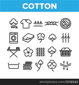 Cotton Fabric Collection Elements Icons Set Vector Thin Line. Textile Cotton Material Clothes, Washing Machine And Ironing Board Concept Linear Pictograms. Monochrome Contour Illustrations. Cotton Fabric Collection Elements Icons Set Vector
