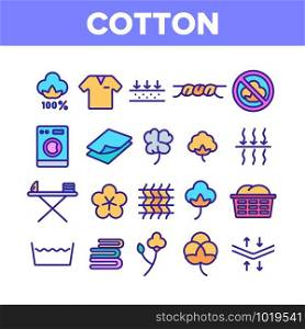 Cotton Fabric Collection Elements Icons Set Vector Thin Line. Textile Cotton Material Clothes, Washing Machine And Ironing Board Concept Linear Pictograms. Color Contour Illustrations. Cotton Fabric Color Elements Icons Set Vector