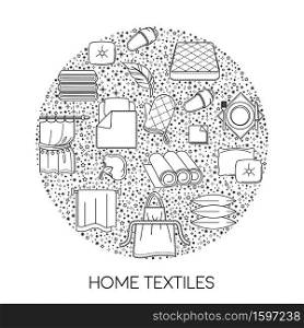 Cotton fabric, home textile shop isolated icon, linen and towels, pillows and curtains vector. Mattress and blanket, kerchief and drapes, kitchen glove and apron. Slippers, feather cushions filling. Home textile line icons banner, cotton fabric products