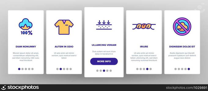 Cotton Fabric Onboarding Mobile App Page Screen Vector Thin Line. Textile Cotton Material Clothes, Washing Machine And Ironing Board Concept Linear Pictograms. Color Contour Illustrations. Cotton Fabric Onboarding Icons Set Vector