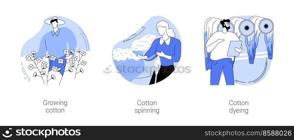 Cotton farm isolated cartoon vector illustrations set. Smiling farmer growing cotton on field, farmer woman dealing with spinning, man checking dyeing process, agriculture industry vector cartoon.. Cotton farm isolated cartoon vector illustrations se