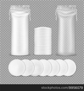 Cotton pads realistic mockup with vector isolated makeup remover round sponges and transparent plastic drawstring bags, 3d cotton discs with different textures for cosmetics, medicine and hygiene. Cotton pads isolated realistic mockup