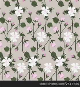 Cotton plant and flower seamless pattern on a brown background. Vector illustration