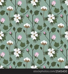 Cotton plant and flower seamless pattern on a green background. Vector illustration