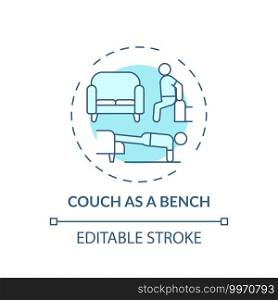 Couch as bench concept icon. Gym alternative idea thin line illustration. Activating triceps in upper arm. Improvement sports performance. Vector isolated outline RGB color drawing. Editable stroke. Couch as bench concept icon
