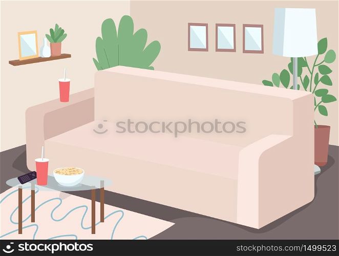 Couch for family leisure flat color vector illustration. Sofa in livingroom. Coffetable with plastic mug and TV controller. Furnished house. Living room 2D cartoon interior with decor on background