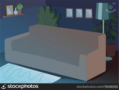Couch for movie night flat color vector illustration. Sofa in dark livingroom in evening. Furnished house. Home furniture for leisure. Living room 2D cartoon interior with decor on background
