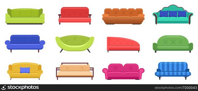 Couch furniture. Comfortable sofas, apartment interior couch furniture, modern domestic couch vector isolated illustration icons set. Furniture sofa for living room interior, lounge indoor couch. Couch furniture. Comfortable sofas, apartment interior couch furniture, modern domestic couch vector isolated illustration icons set