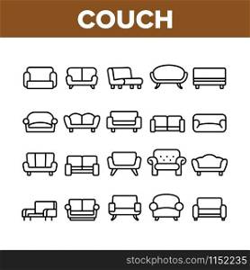 Couch Sofa Furniture Collection Icons Set Vector Thin Line. Vintage And Modern Comfortable Seat Couch For Living Room Or Office Concept Linear Pictograms. Monochrome Contour Illustrations. Couch Sofa Furniture Collection Icons Set Vector