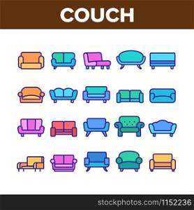 Couch Sofa Furniture Collection Icons Set Vector Thin Line. Vintage And Modern Comfortable Seat Couch For Living Room Or Office Concept Linear Pictograms. Color Contour Illustrations. Couch Sofa Furniture Collection Icons Set Vector