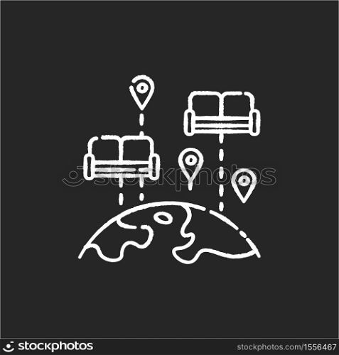 Couchsurfing chalk white icon on black background. Budget tourism. Finding affordable accommodation in travel. Hospitality exchange. World map with couches isolated vector chalkboard illustration. Couchsurfing chalk white icon on black background