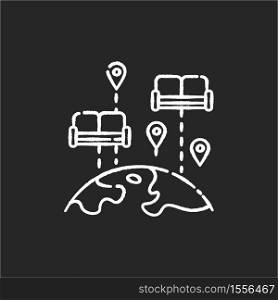 Couchsurfing chalk white icon on black background. Budget tourism. Finding affordable accommodation in travel. Hospitality exchange. World map with couches isolated vector chalkboard illustration. Couchsurfing chalk white icon on black background