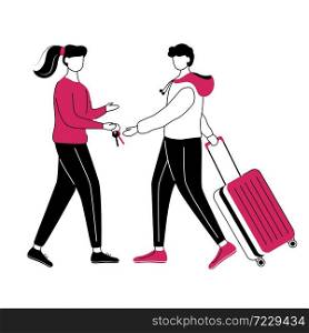 Couchsurfing flat contour vector illustration. Lodging without charge. Cheap travel isolated cartoon outline character on white background. Girl gives keys to guest. Budget tourism simple drawingd. Couchsurfing flat contour vector illustration