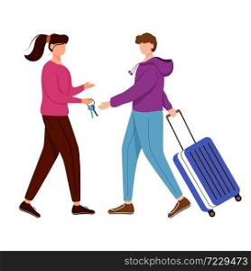 Couchsurfing flat contour vector illustration. Lodging without charge. Girl gives keys to her guest. Budget tourism. Cheap travelling choice isolated cartoon outline character on white background. Couchsurfing flat contour vector illustration