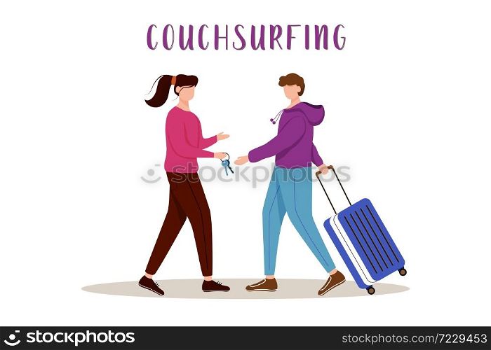 Couchsurfing flat vector illustration. Lodging without charge. Cheap travelling choice. Free stay. Girl gives keys to her guest. Budget tourism isolated cartoon character on white background. Couchsurfing flat vector illustration