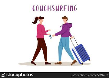 Couchsurfing flat vector illustration. Lodging without charge. Cheap travelling choice. Free stay. Girl gives keys to her guest. Budget tourism isolated cartoon character on white background. Couchsurfing flat vector illustration