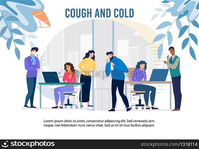 Cough and Cold Epidemic in Office Warning Banner. Cartoon Man and Woman Workers Feeling Unwell Having Infection, Flu Symptoms. Health Protection with Pills and Vaccination. Vector Medical Illustration. Cough and Cold Epidemic in Office Warning Banner