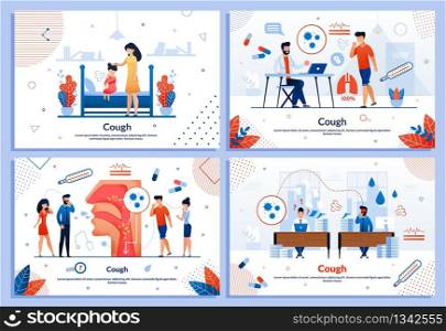 Cough as Disease Symptom Flat Medical Banner Set. Cartoon Doctor Consulting Patient. Sick Men and Women, Mother with Child Character Suffering from Tussis. Infections and Viruses. Vector Illustration. Cough as Disease Symptom Flat Medical Banner Set