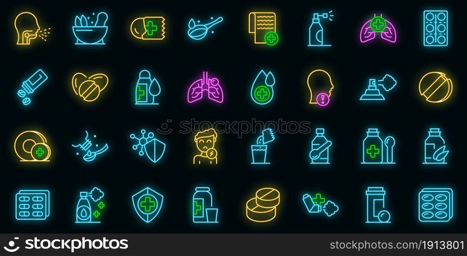 Cough drops icons set. Outline set of cough drops vector icons neon color on black. Cough drops icons set vector neon
