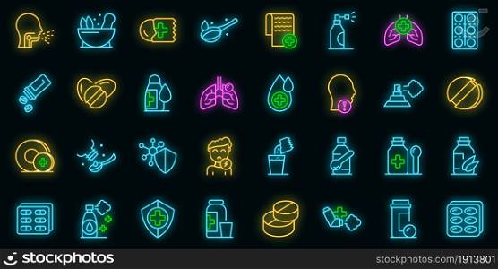 Cough drops icons set. Outline set of cough drops vector icons neon color on black. Cough drops icons set vector neon