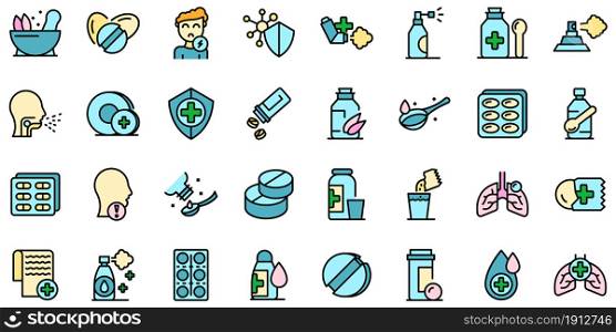 Cough drops icons set. Outline set of cough drops vector icons thin line color flat on white. Cough drops icons set vector flat
