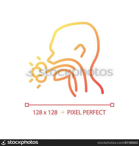 Cough pixel perfect gradient linear vector icon. Infectious disease of throat. Patient with flu symptom. Viral illness. Thin line color symbol. Modern style pictogram. Vector isolated outline drawing. Cough pixel perfect gradient linear vector icon