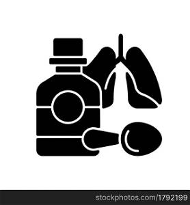 Cough syrup black glyph icon. Cold medicine. Soothing irritated throat. Coughing suppressant. Bronchitis treatment. Block cough reflex. Silhouette symbol on white space. Vector isolated illustration. Cough syrup black glyph icon