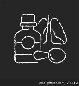 Cough syrup chalk white icon on dark background. Cold medicine. Sooth irritated throat. Coughing suppressant. Bronchitis treatment. Block cough reflex. Isolated vector chalkboard illustration on black. Cough syrup chalk white icon on dark background