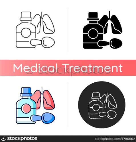 Cough syrup icon. Cold medicine. Soothing irritated throat. Coughing suppressant. Bronchitis treatment. Blocking cough reflex. Linear black and RGB color styles. Isolated vector illustrations. Cough syrup icon